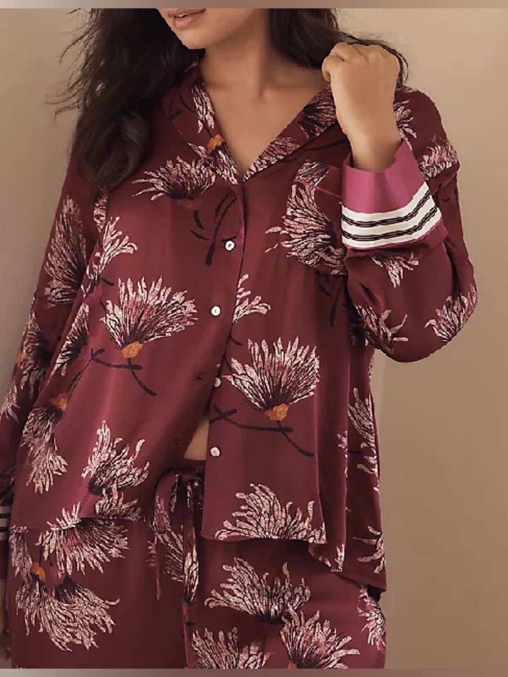 Anthropologie pajamas shirt Oversized Button down satin mulberry long sleeve top